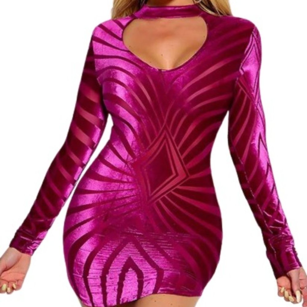 K Too Womens Bodycon Dress Magenta Purple Velvet Mesh Mini Exposed Zip Choker
